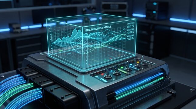Futuristic Holographic Interface Displaying Data Throughput Metrics