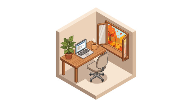 Cozy miniature home office diorama with autumn leaves and tiny wooden furniture