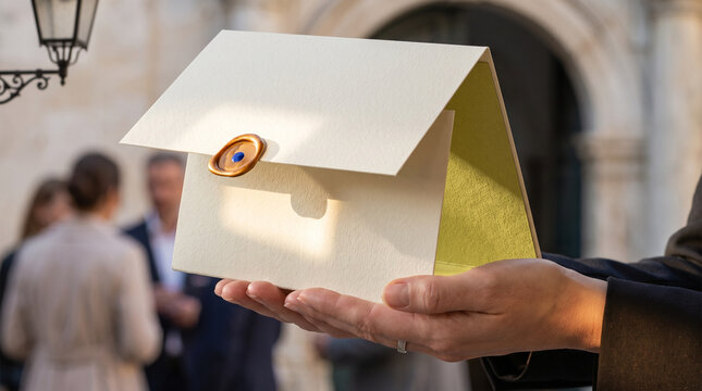 Elegant fashion week invitation card held by a person outdoors  
