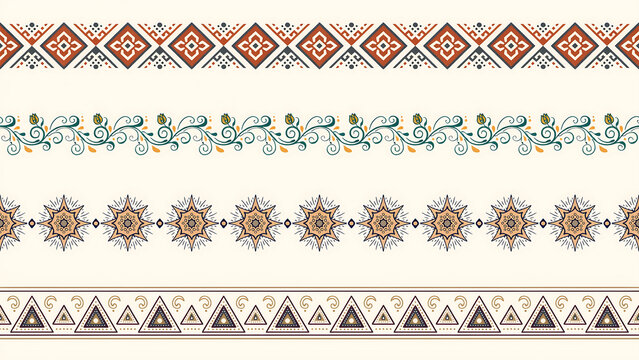 Set of four decorative borders with geometric and floral patterns isolated on a transparent background