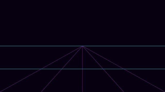 Retro synthwave grid animation with neon horizon lines in perspective 4k