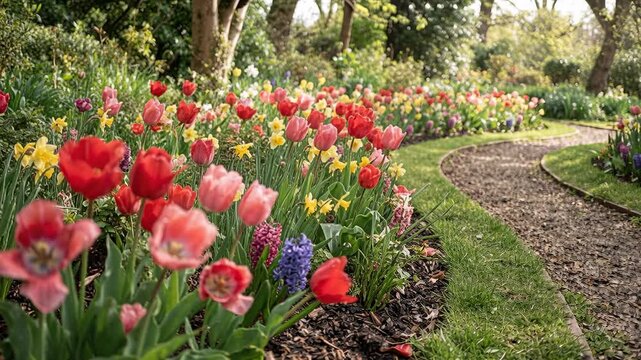 Gliding camera moving forward and right along park path edge, bringing tulips closer to show blooms