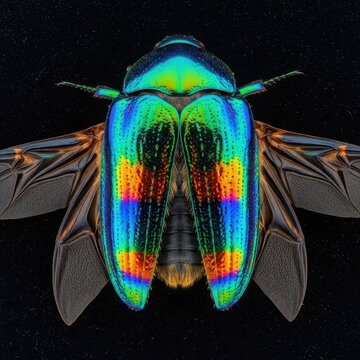 Stunning Iridescent Jewel Beetle Macro Photograph Displaying Vibrant Rainbow Hues on a Dark Background