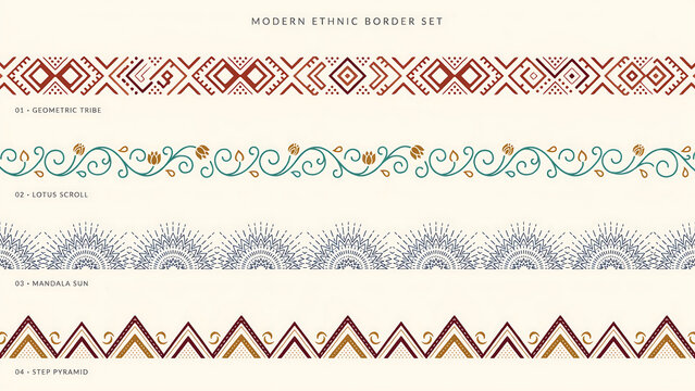 Set of four decorative ethnic borders with geometric patterns isolated on a transparent background