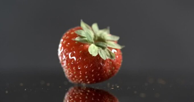 Strawberry falling onto black surface in slow motion