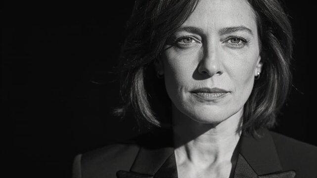 Framing centered woman addressing camera in black studio, wearing dark blazer and stud earrings