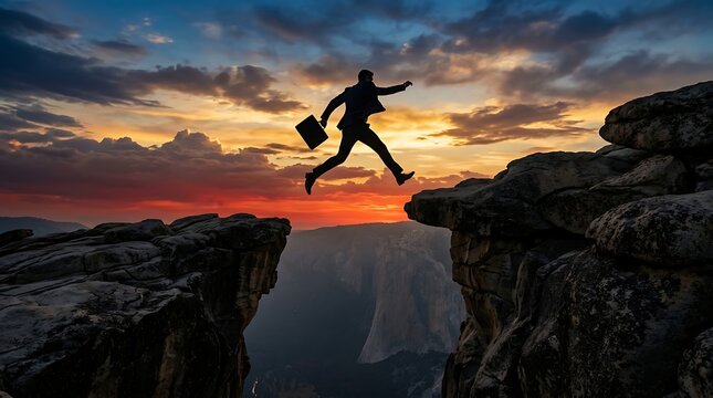 Silhouette of a businessman leaping across a wide chasm between two rocky cliffs during a dramatic sunset representing risk and business success in a competitive corporate landscape