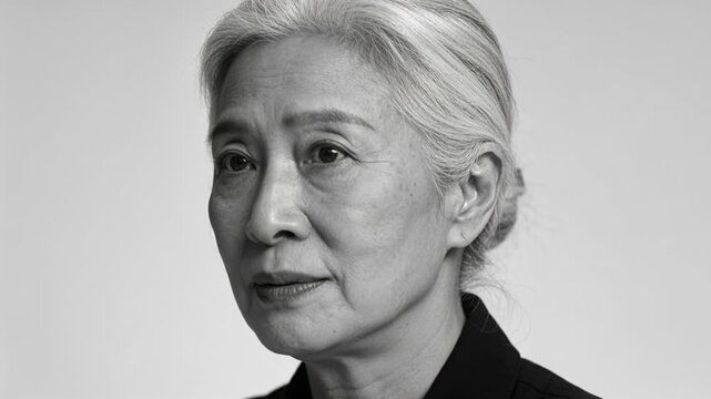 Speaking senior Asian woman after prompt, delivering measured remarks in studio with dark jacket
