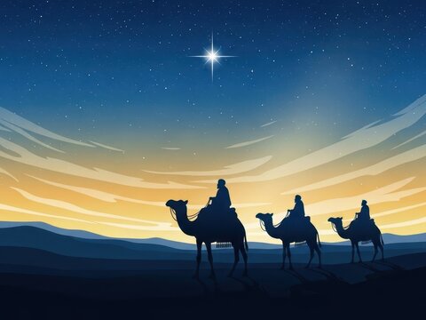 Silhouette of three wise men riding camels under starry night sky with beautiful sunset