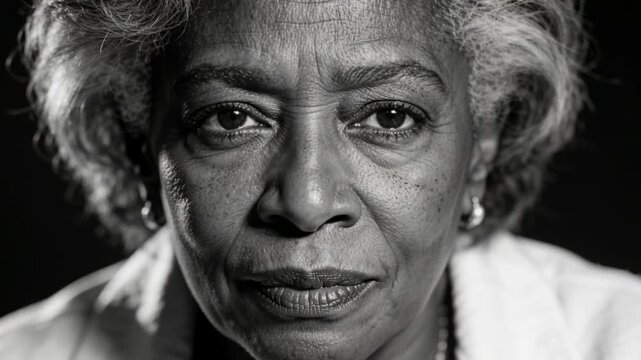 Opening senior woman shifting into steady gaze with camera starting for portrait, wearing pearls