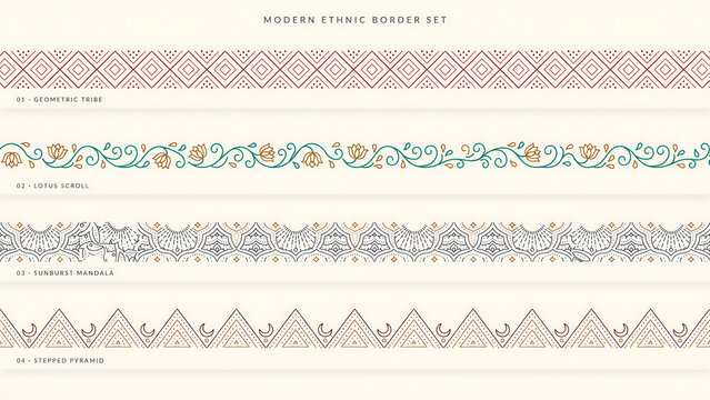 Set of four decorative ethnic borders with geometric patterns isolated on a transparent background