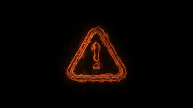 Glowing orange neon electric warning triangle sign animation on black background loop.