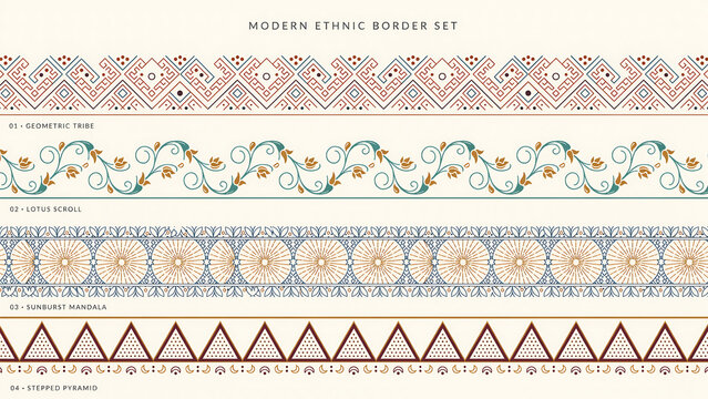 Set of four decorative ethnic borders with geometric patterns isolated on a transparent background