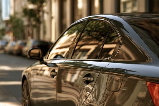 Sleek four-door car with privacy glass on back windows in daylight city scene