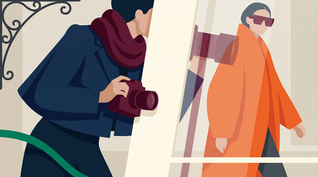 Fashion photographer capturing a model wearing an orange coat  