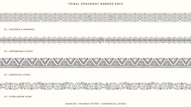 Set of four seamless tribal ornament borders and decorative lines isolated on a transparent background