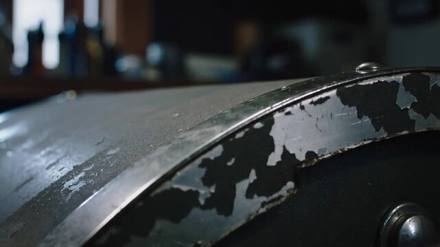 Shifting camera revealing curved metal lid showing peeling paint in garage, exposing rust and latch