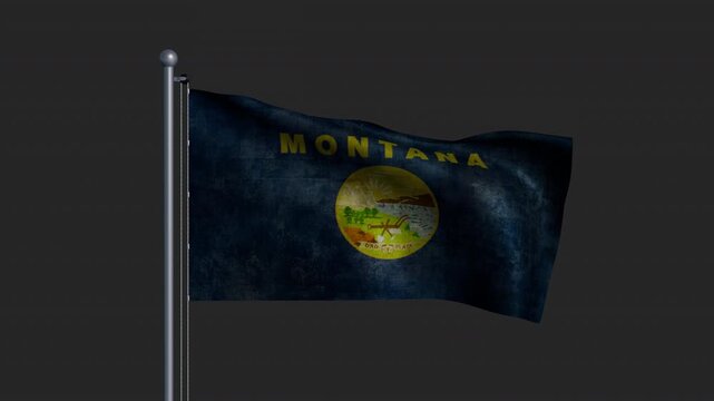 Weathered flag of the state of Montana waving on a flagpole, on alpha channel