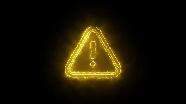 Glowing yellow neon electric warning triangle sign animation on black background loop.