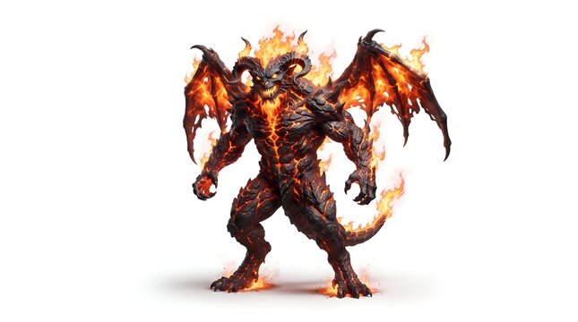 Fierce fire demon with wings standing on white background.