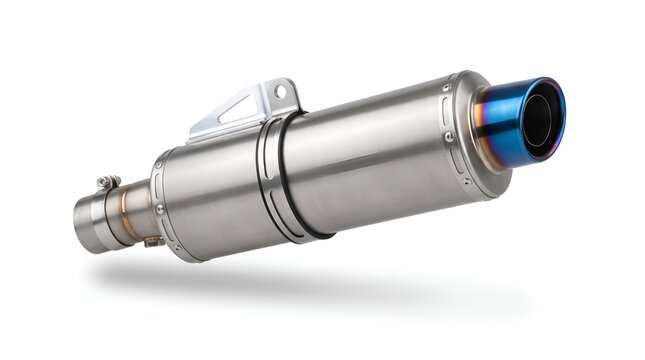 Motorcycle exhaust silencer pipe with titanium finish.