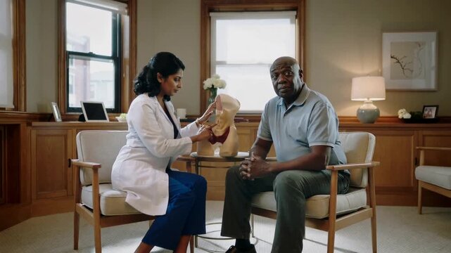 Orienting pelvic model, doctor in lab coat, scrubs pointing and explaining to patient at clinic