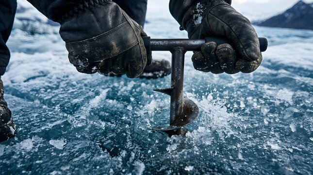 Ice auger penetrates the deep blue frozen surface of a glacier as a researcher uses manual force to extract a core sample for climate analysis in the harsh polar landscape.