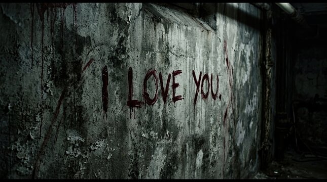 Graffiti-style message 'I love you' carved into a dark, weathered stone wall under dim lighting with emotional and sentimental connotations.