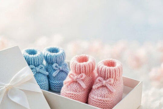 Baby gender reveal party invitation with pink and blue knitted booties in a gift box. Greeting card for the birth of a baby, birth of twins.