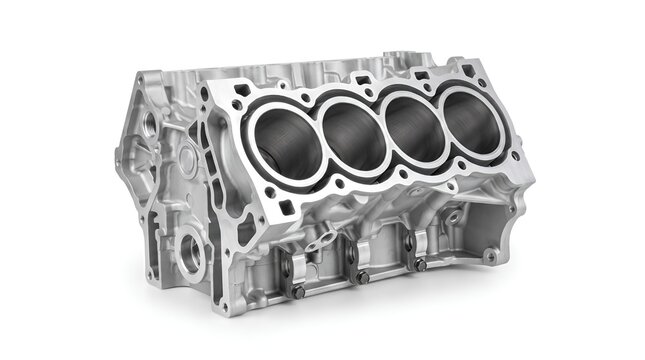 Automotive engine block showing four cylinder bores.