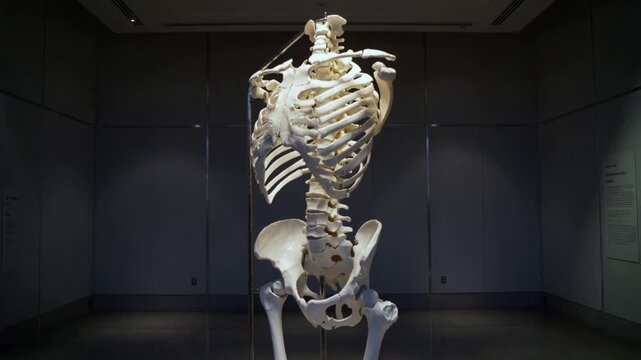Rotating articulated skeleton on support as camera panning in dim museum for anatomy study, placard