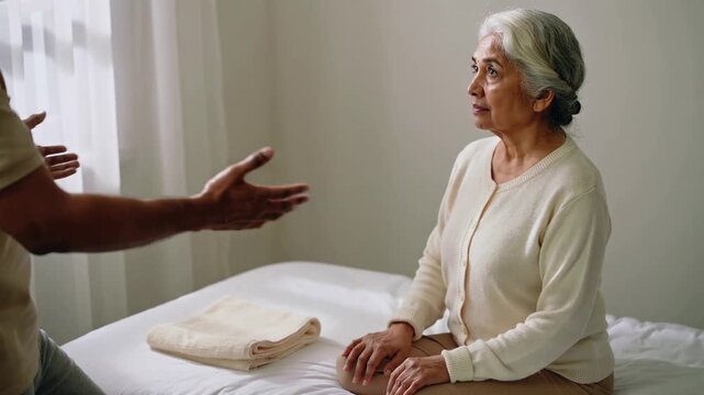 Reaching man offering help, senior woman wearing beige cardigan touching folded towel on bed