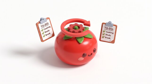3D Isometric Tomato Timer with Checklist Clipboard, Pomodoro Technique and Productivity 3D Icon Isolated on White Background