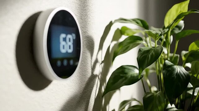 Smart thermostat on a wall displaying temperature and energy settings