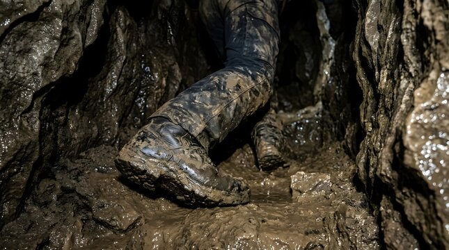 Spelunker moves cautiously through a tight, muddy subterranean passage while wearing heavy-duty gear in a low-light cavern.