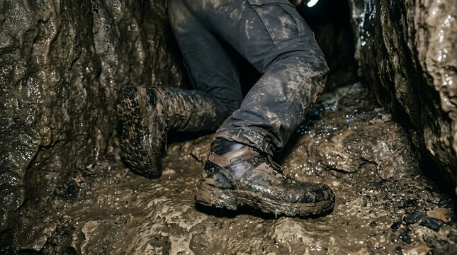 Explorer navigates through a narrow, dark, and damp limestone cave while wearing mud-caked hiking boots and rugged trousers.