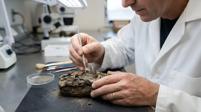 Scientist meticulously examines a prehistoric fossil using a fine metal pick under bright clinical laboratory lighting.