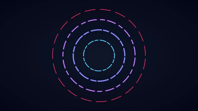 Abstract neon concentric circles animation with pulsing dashed lines on dark 4k background