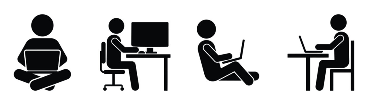 Four black silhouette icons of people using laptops, representing remote work, online learning, business, and technology.