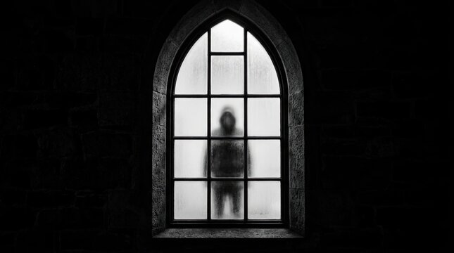 Dark human silhouette standing behind arched window in black with white dark room silhouette stands architecture frightening apparition mysterious atmosphere monochrome anonymous grayscale with shadow