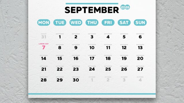 Close-up of a nice September 2026 calendar page with the date of Labor Day highlighted