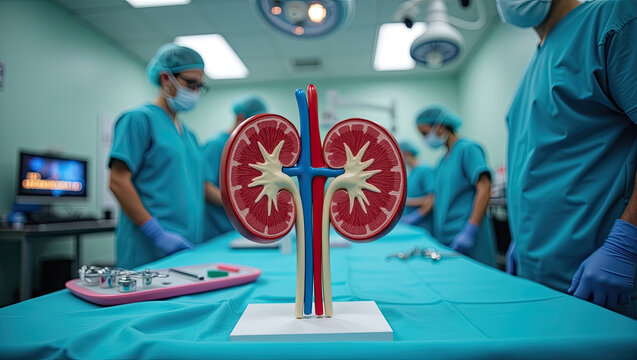 Anatomical kidney model displayed in modern operating room with medical professionals working in the blurred background