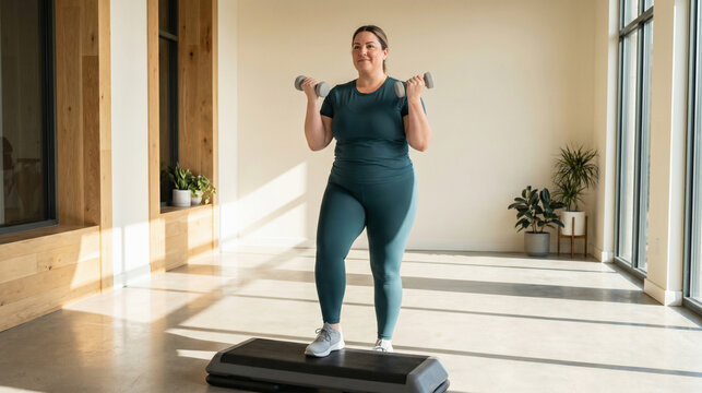Curvy Woman Steps on Platform for Fitness Class in a Boutique Studio