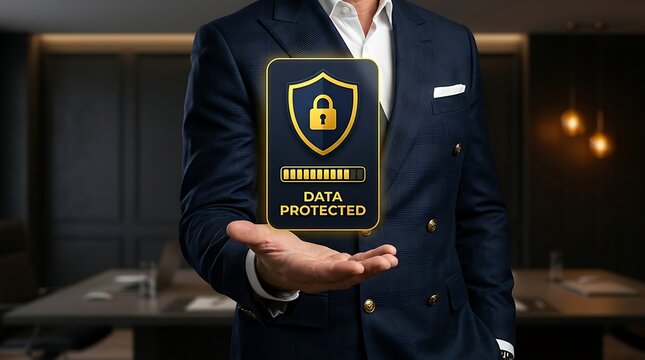 Businessman in navy blue suit holding glowing data protected shield icon with loading bar symbolizing cybersecurity and information privacy in digital business environments and corporate settings