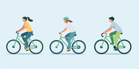 Naklejka premium Flat vector illustration set of people riding bicycles, male and female cyclists commuting and exercising, healthy lifestyle and eco-friendly urban transportation concept