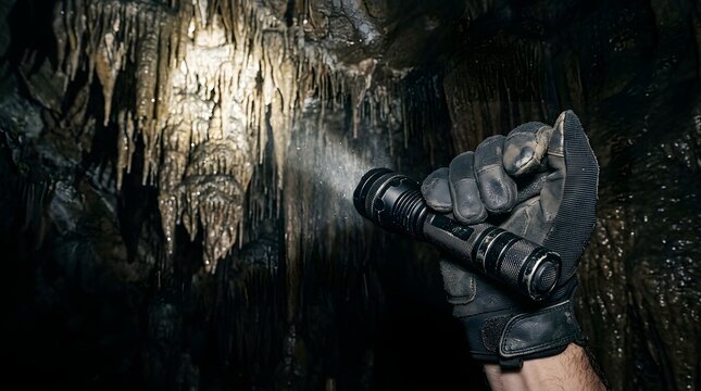 Hand wearing a tactical glove shines a powerful flashlight up toward hanging stalactites inside a dim cave.