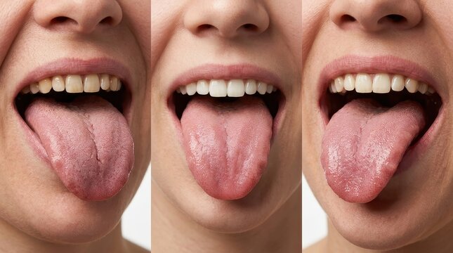 Close-up Comparison of Human Tongue and Teeth Health, Oral Hygiene and Dental Care Concept with Three Different Views