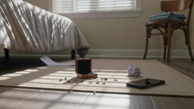 Moving camera forward revealing open jewelry box on bedroom rug, showing jewelry and smartphone
