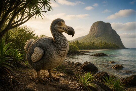 Dodo bird standing on coastal shore with distant mountain