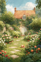 Naklejka premium Cozy country house nestled in a vibrant blooming garden, featuring a playful rabbit resting on a stepping stone path
